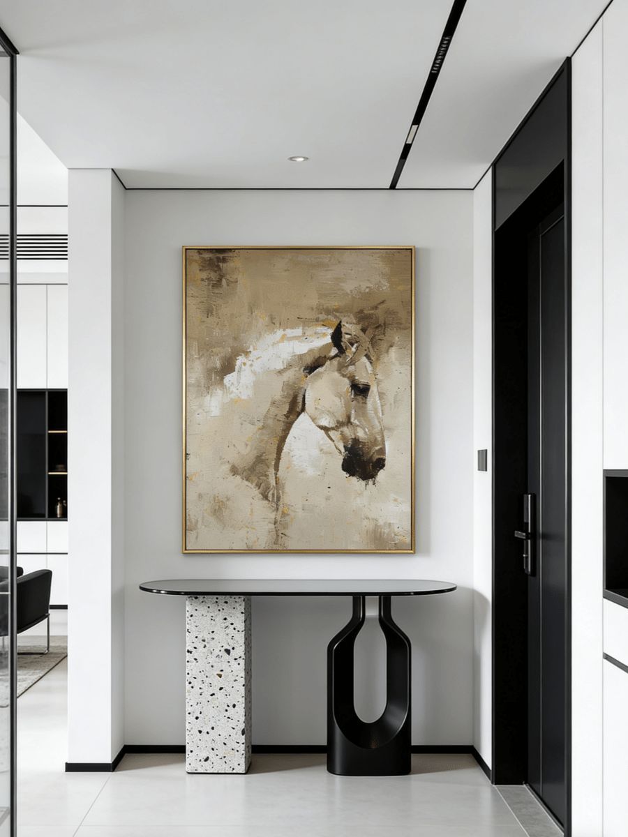 Hand-painted modern impressionist oil painting of a white horse head with heavy impasto texture in beige and cream tones