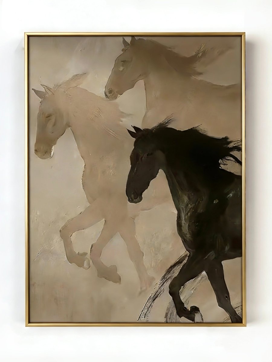 Large hand-painted painting showing three horses running in a mist of beige and charcoal tones with expressive brushwork.