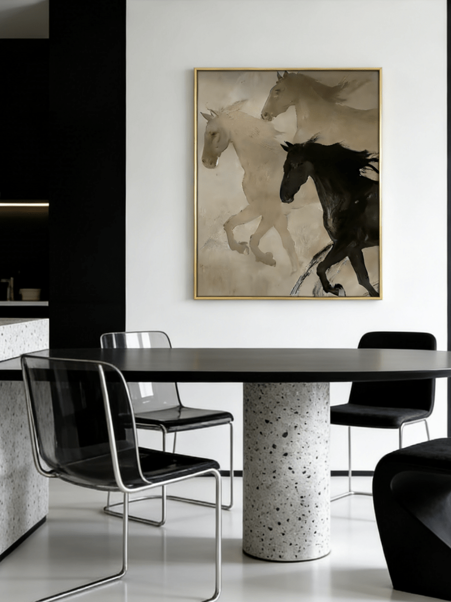 Large hand-painted painting showing three horses running in a mist of beige and charcoal tones with expressive brushwork.