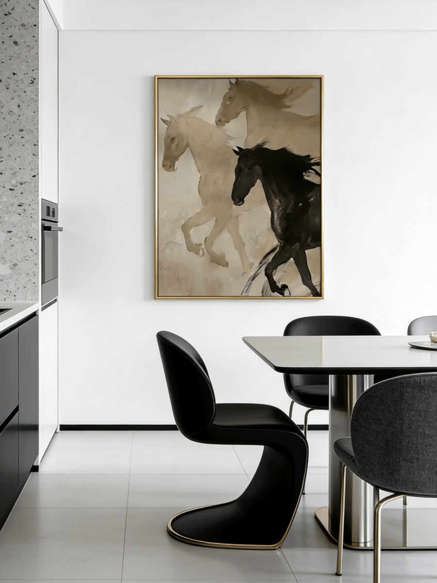Large hand-painted painting showing three horses running in a mist of beige and charcoal tones with expressive brushwork.