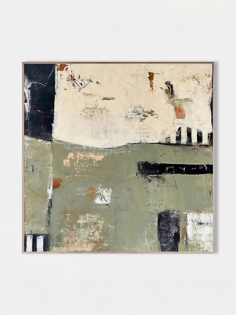 Large square hand-painted abstract oil painting with sage green and cream textures, modern Wabi-sabi wall art by Akari Kobayashi for minimalist living room decor.