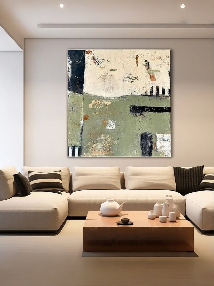 Large square hand-painted abstract oil painting with sage green and cream textures, modern Wabi-sabi wall art by Akari Kobayashi for minimalist living room decor.