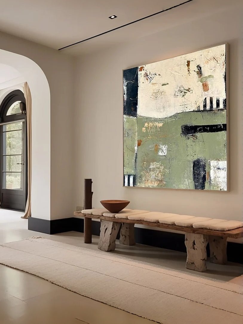 Large square hand-painted abstract oil painting with sage green and cream textures, modern Wabi-sabi wall art by Akari Kobayashi for minimalist living room decor.