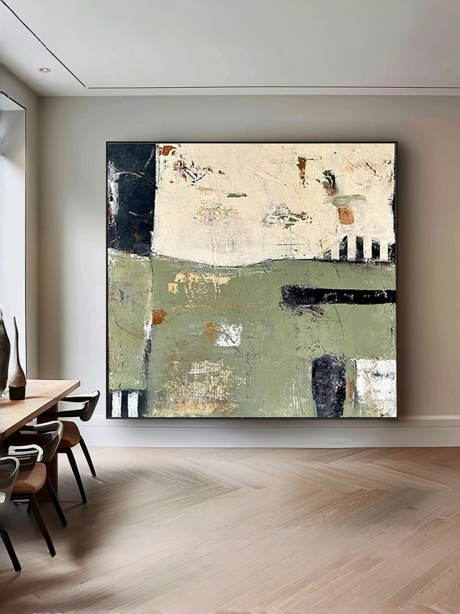 Large square hand-painted abstract oil painting with sage green and cream textures, modern Wabi-sabi wall art by Akari Kobayashi for minimalist living room decor.