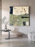 Large square hand-painted abstract oil painting with sage green and cream textures, modern Wabi-sabi wall art by Akari Kobayashi for minimalist living room decor.