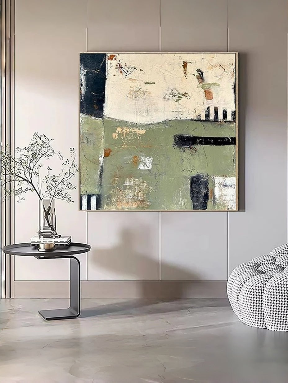 Large square hand-painted abstract oil painting with sage green and cream textures, modern Wabi-sabi wall art by Akari Kobayashi for minimalist living room decor.
