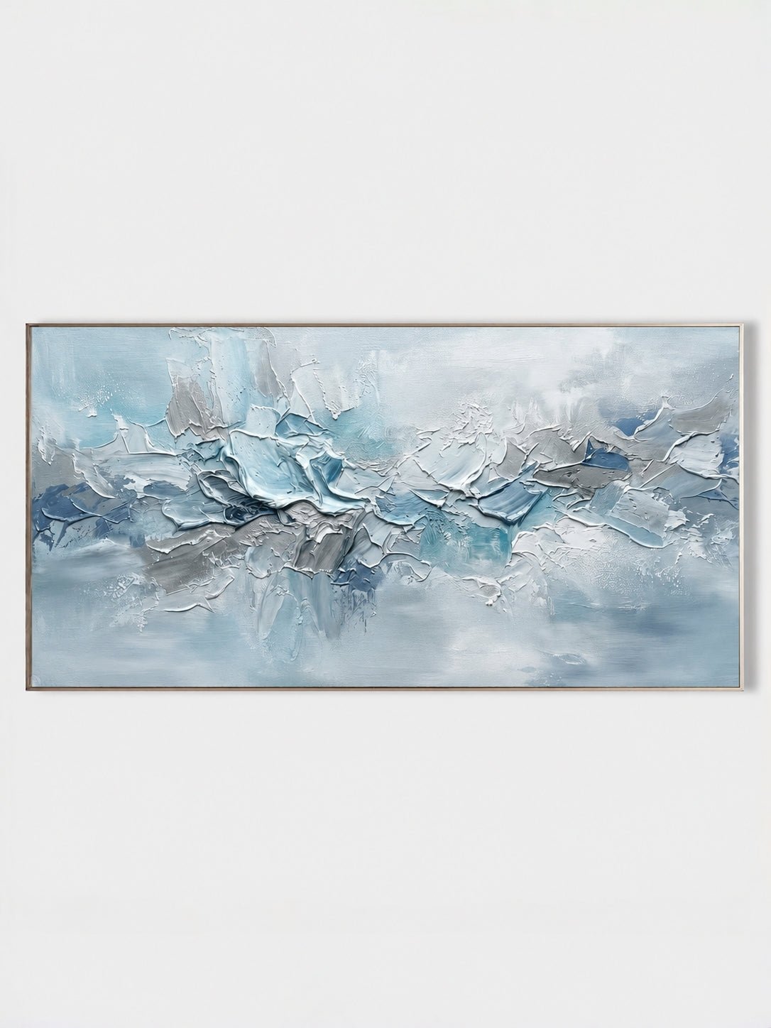 Large hand-painted blue textured abstract ocean wave wall art on panoramic canvas for modern living room decor