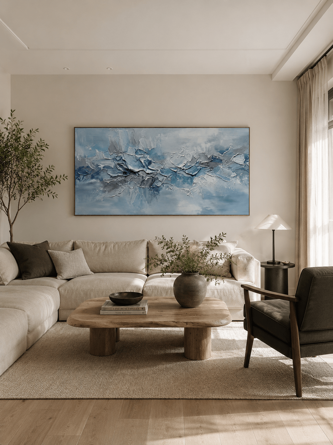 Large hand-painted blue textured abstract ocean wave wall art on panoramic canvas for modern living room decor