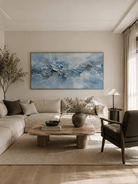 Large hand-painted blue textured abstract ocean wave wall art on panoramic canvas for modern living room decor