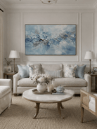 Large hand-painted blue textured abstract ocean wave wall art on panoramic canvas for modern living room decor