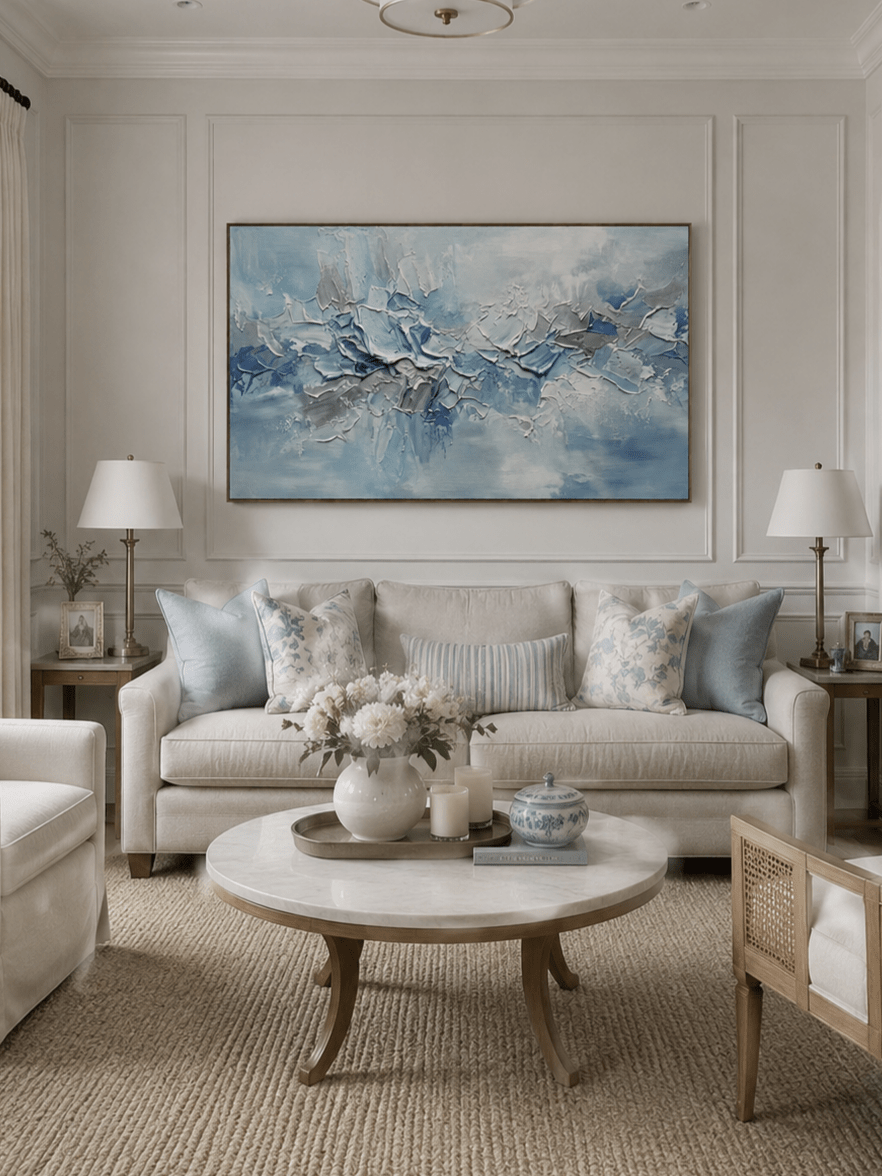 Large hand-painted blue textured abstract ocean wave wall art on panoramic canvas for modern living room decor