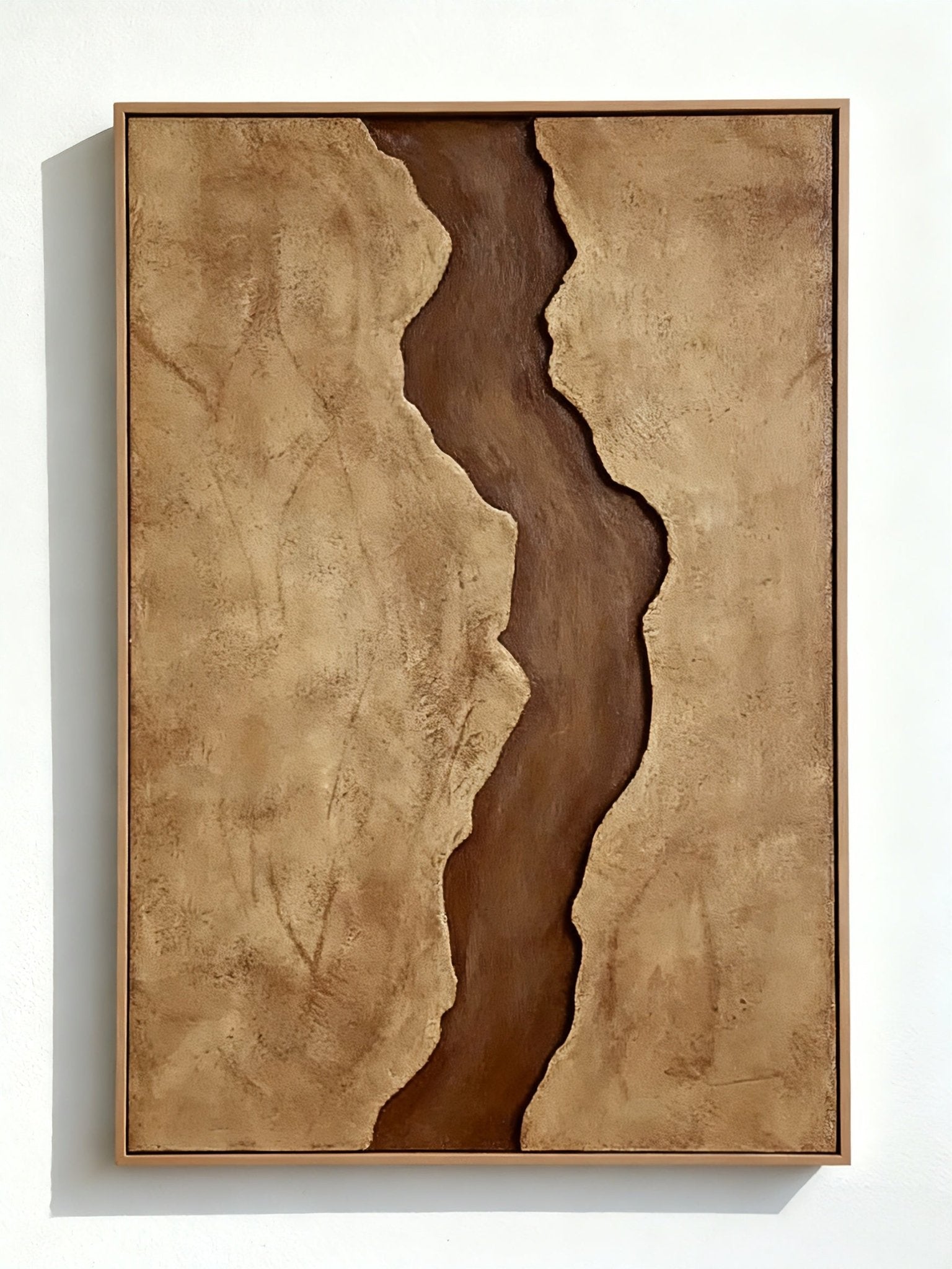 Hand-painted abstract river painting in brown and beige with textured surface, neutral tone canvas art