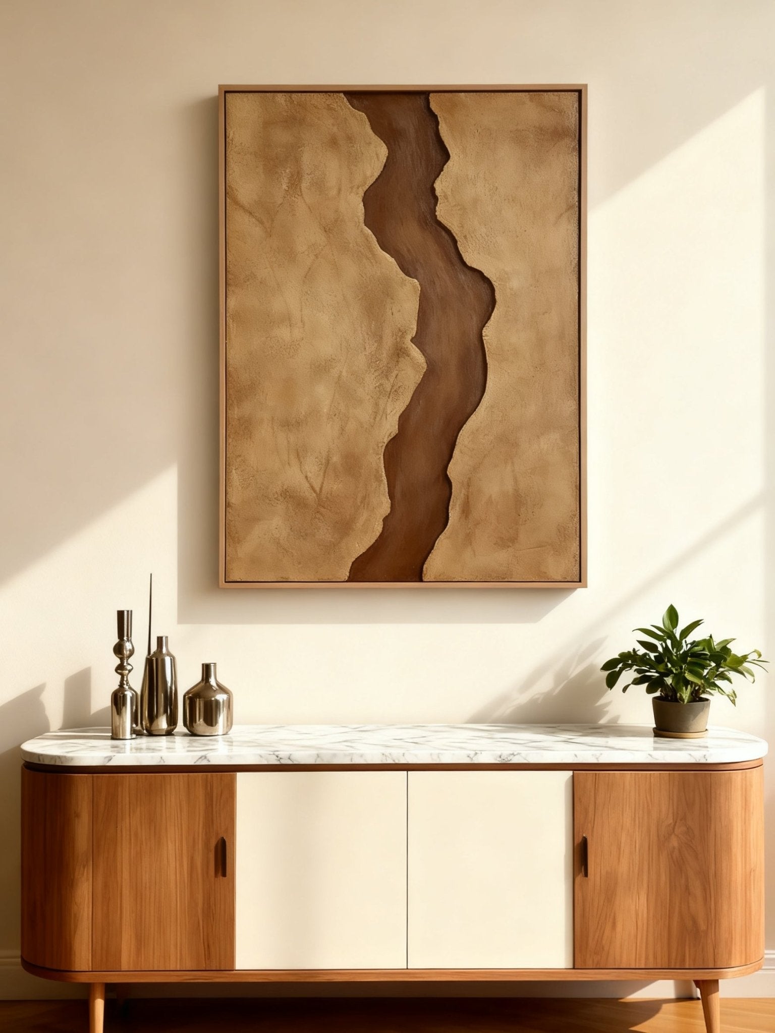 Brown and beige abstract river wall art displayed in modern living room, showing earthy tone decor