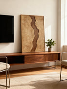 Brown and beige abstract river wall art displayed in modern living room, showing earthy tone decor