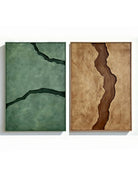 Hand-painted abstract river diptych with brown, beige, and green textured patterns on two canvas panels