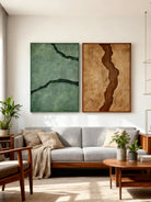 WABI abstract textured river wall art displayed as a diptych in a modern living room setting