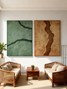 WABI abstract textured river wall art displayed as a diptych in a modern living room setting