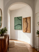 WABI abstract textured river wall art displayed as a diptych in a modern living room setting
