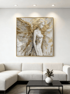 Hand-painted textured angel wall art with gold wings and 3D impasto technique