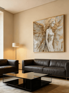 Hand-painted textured angel wall art with gold wings and 3D impasto technique