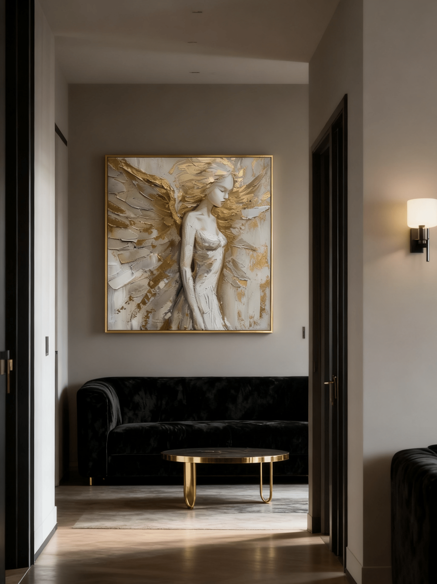 Hand-painted textured angel wall art with gold wings and 3D impasto technique