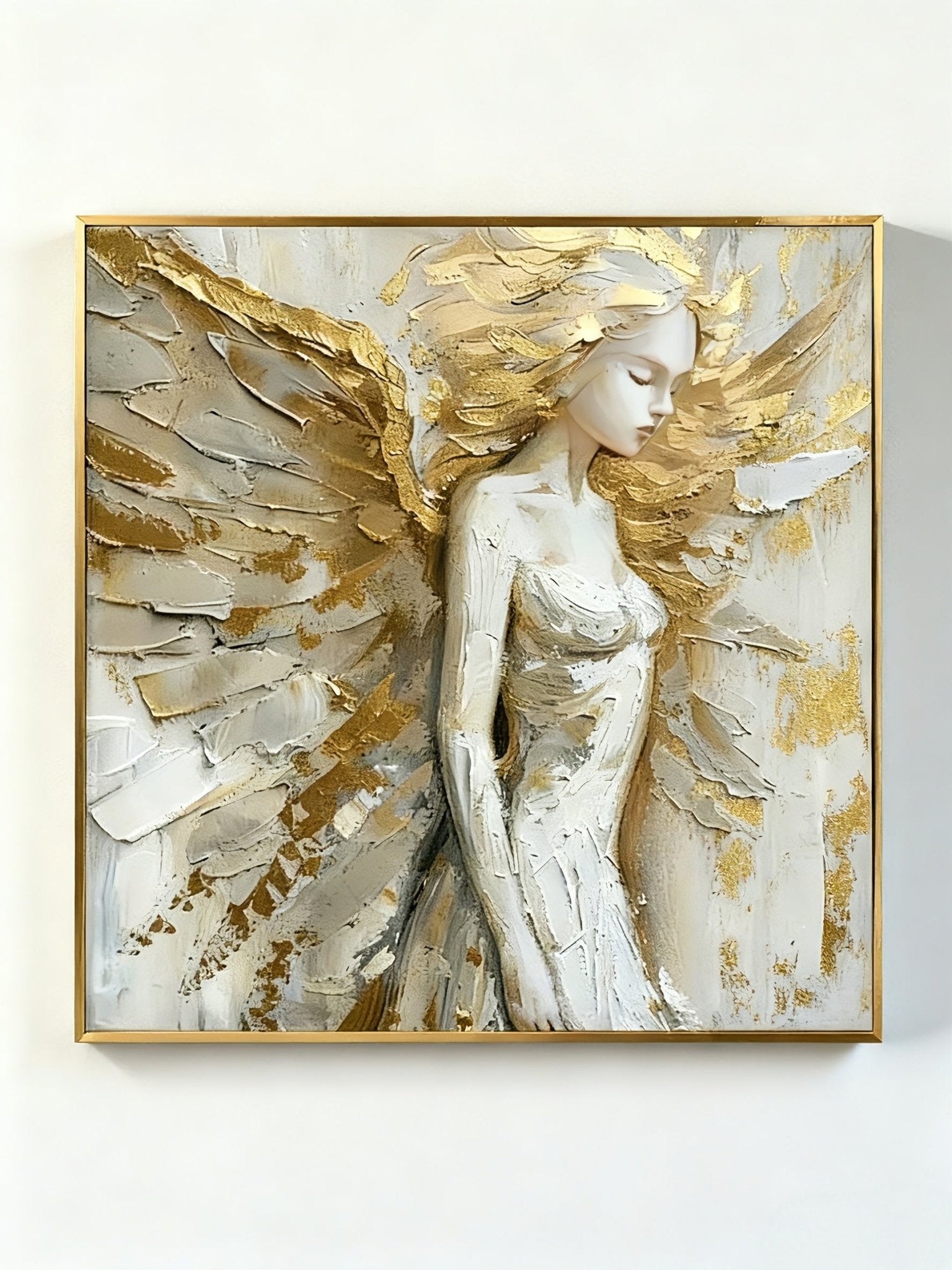 Hand-painted textured angel wall art with gold wings and 3D impasto technique