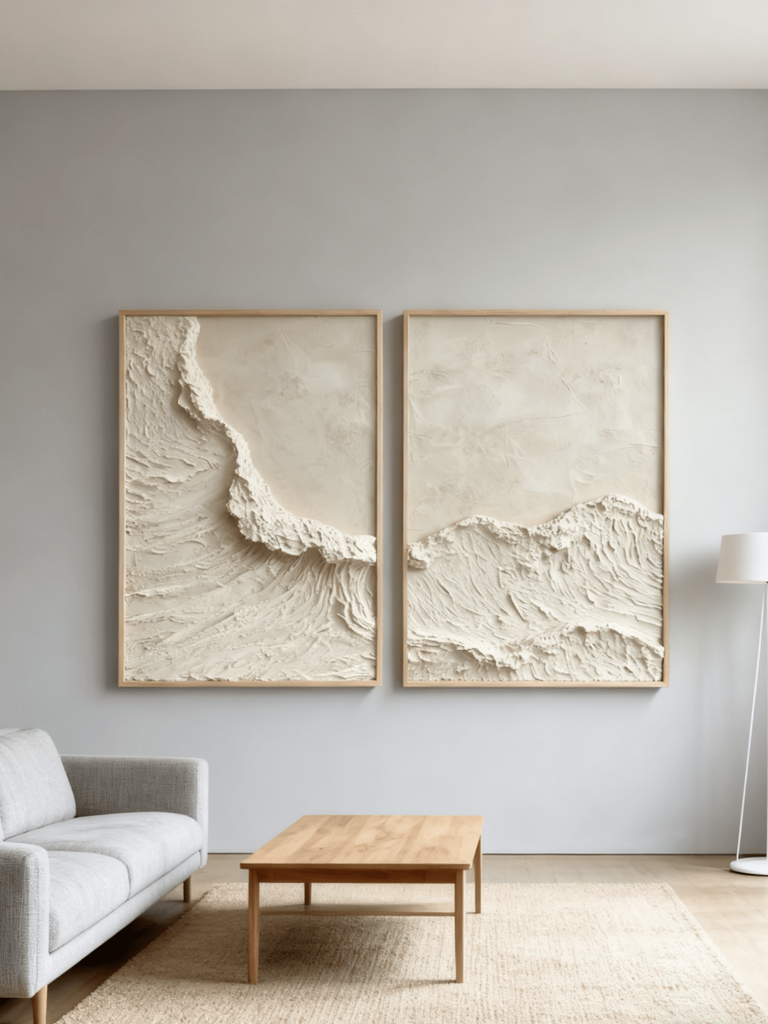 Hand-painted white ocean diptych wall art with heavy texture on two canvas panels