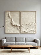Hand-painted white ocean diptych wall art with heavy texture on two canvas panels