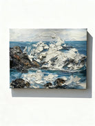 Textured hand-painted oil painting of coastal rocks and ocean waves with 3D impasto technique, modern coastal wall art for living room