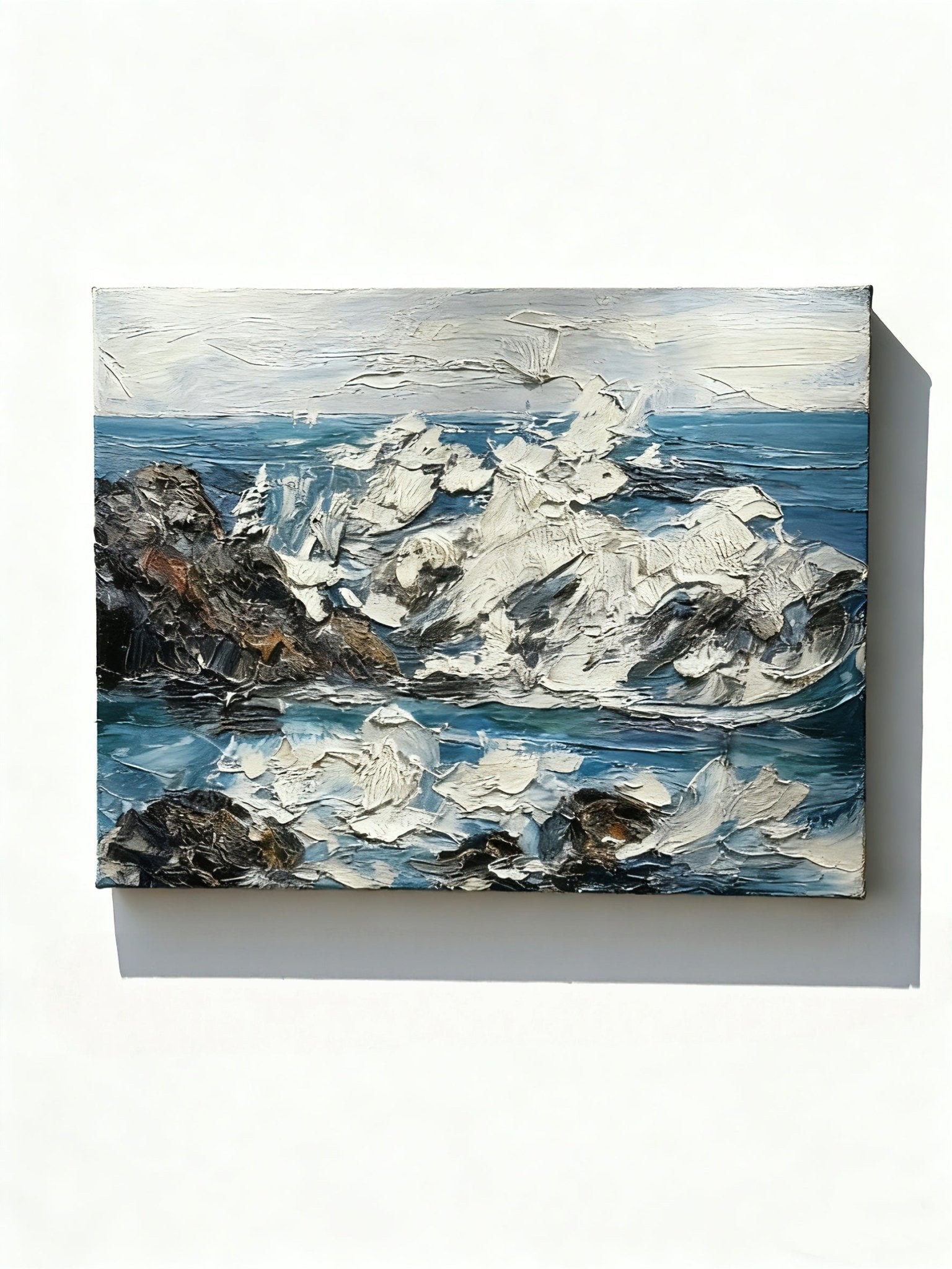 Textured hand-painted oil painting of coastal rocks and ocean waves with 3D impasto technique, modern coastal wall art for living room