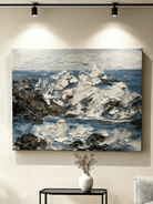 Close-up of textured wave and rock details in hand-painted coastal painting, showing thick impasto brushstrokes