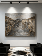 Hand-painted textured oil painting of a European riverside town with 3D impasto effect on canvas