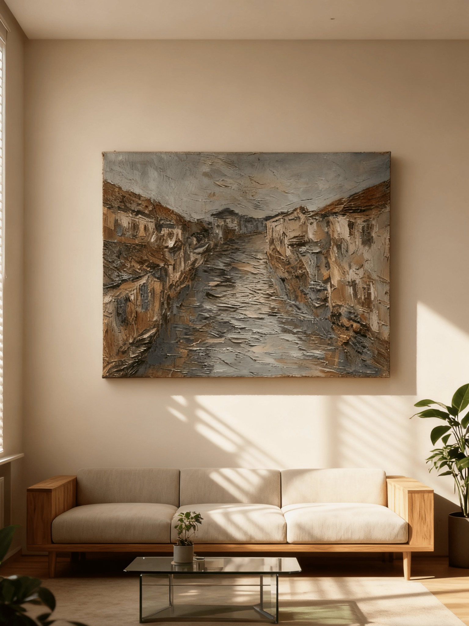 Hand-painted textured oil painting of a European riverside town with 3D impasto effect on canvas