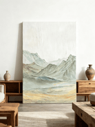 Close-up detail showing thick impasto texture in mountain painting, hand-painted brushstrokes