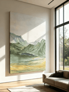 Close-up detail showing thick impasto texture in mountain painting, hand-painted brushstrokes