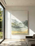 Close-up detail showing thick impasto texture in mountain painting, hand-painted brushstrokes