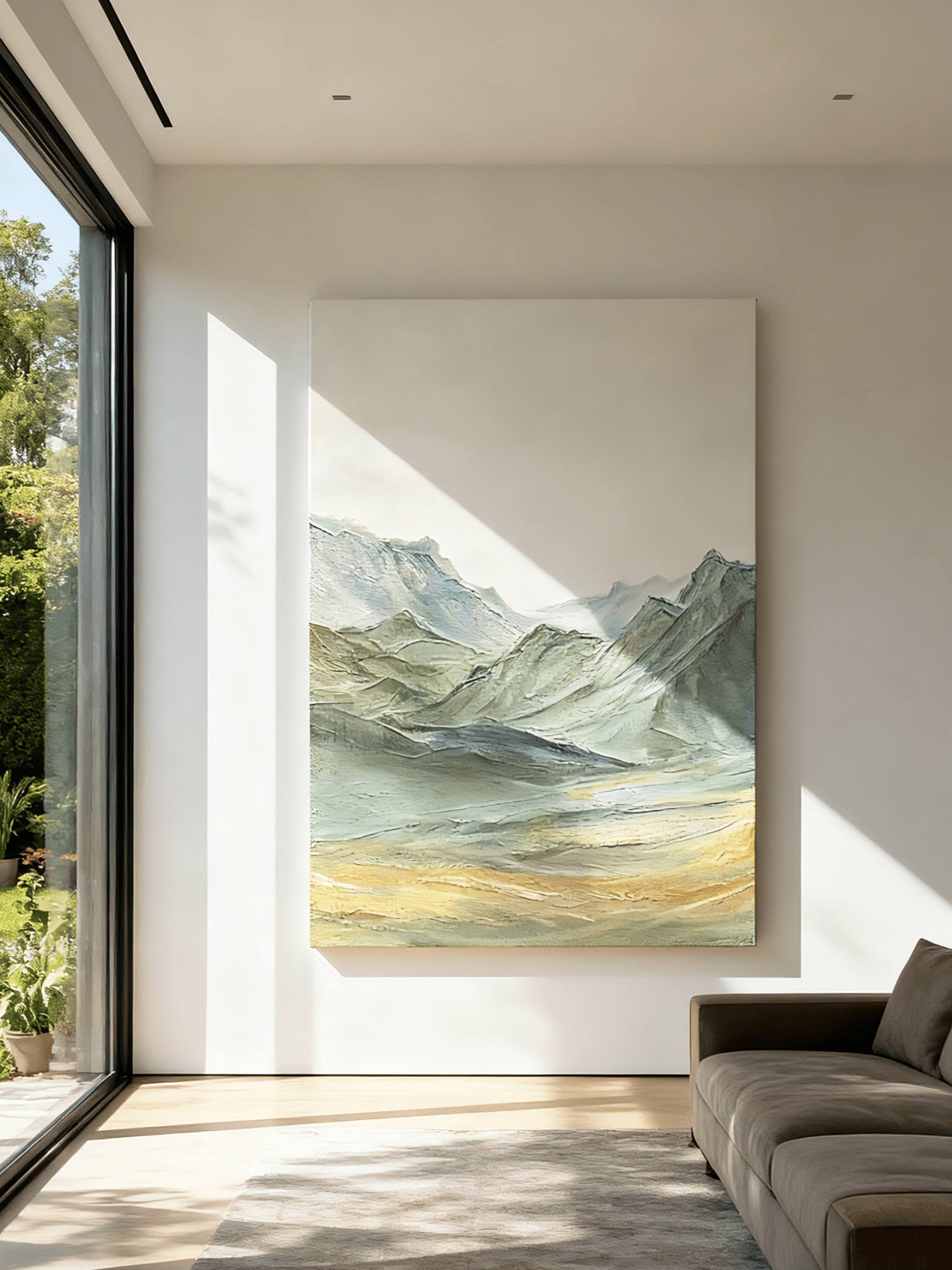 Close-up detail showing thick impasto texture in mountain painting, hand-painted brushstrokes