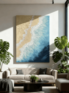 Close-up of impasto texture in shoreline painting, showing thick brushstrokes and sand details