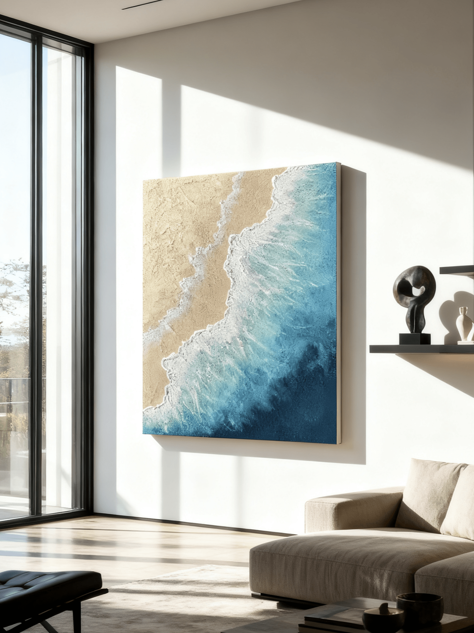 Close-up of impasto texture in shoreline painting, showing thick brushstrokes and sand details