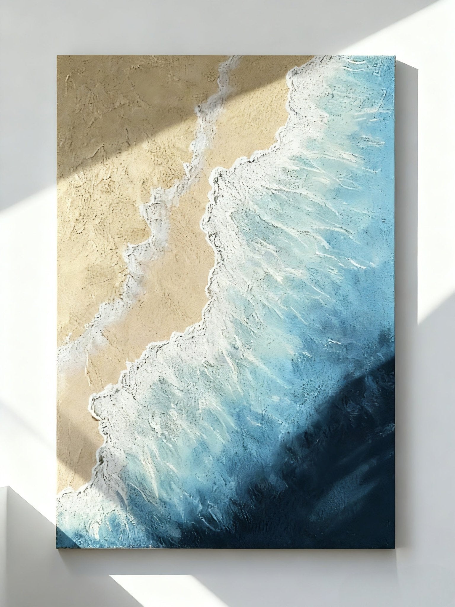 Hand-painted textured beach scene with ocean waves, modern coastal wall art for living room