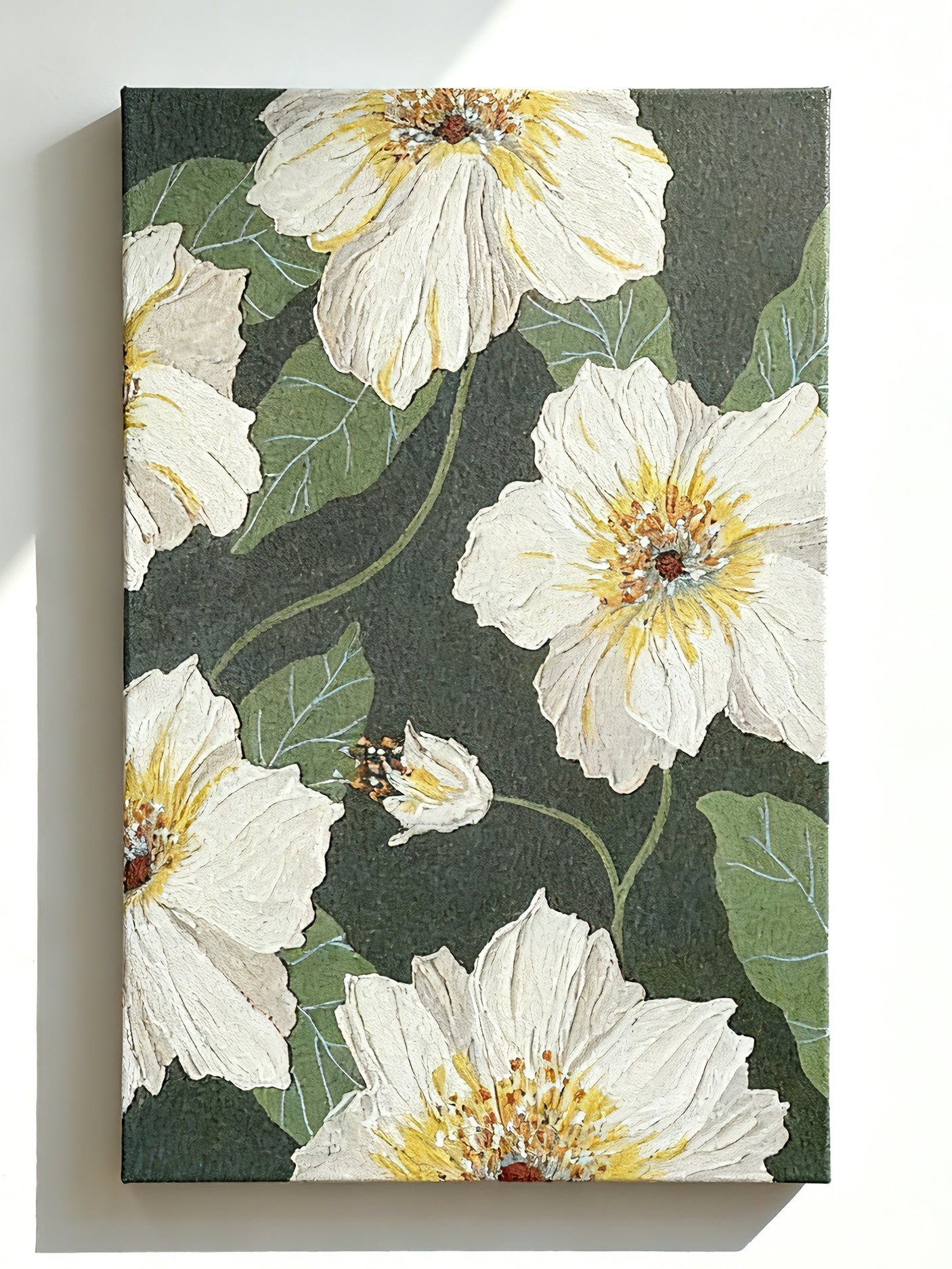 Hand-painted textured white floral oil painting on canvas, modern botanical wall art for home decor