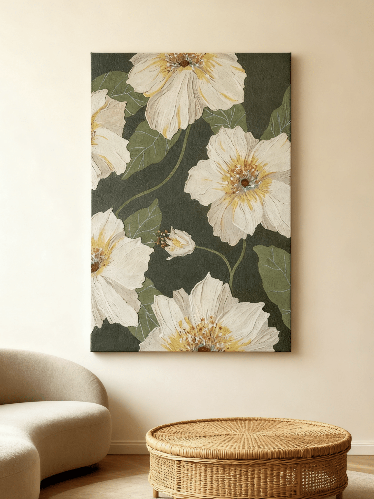 Close-up of textured white flower petals showing thick impasto brushstrokes in modern floral painting