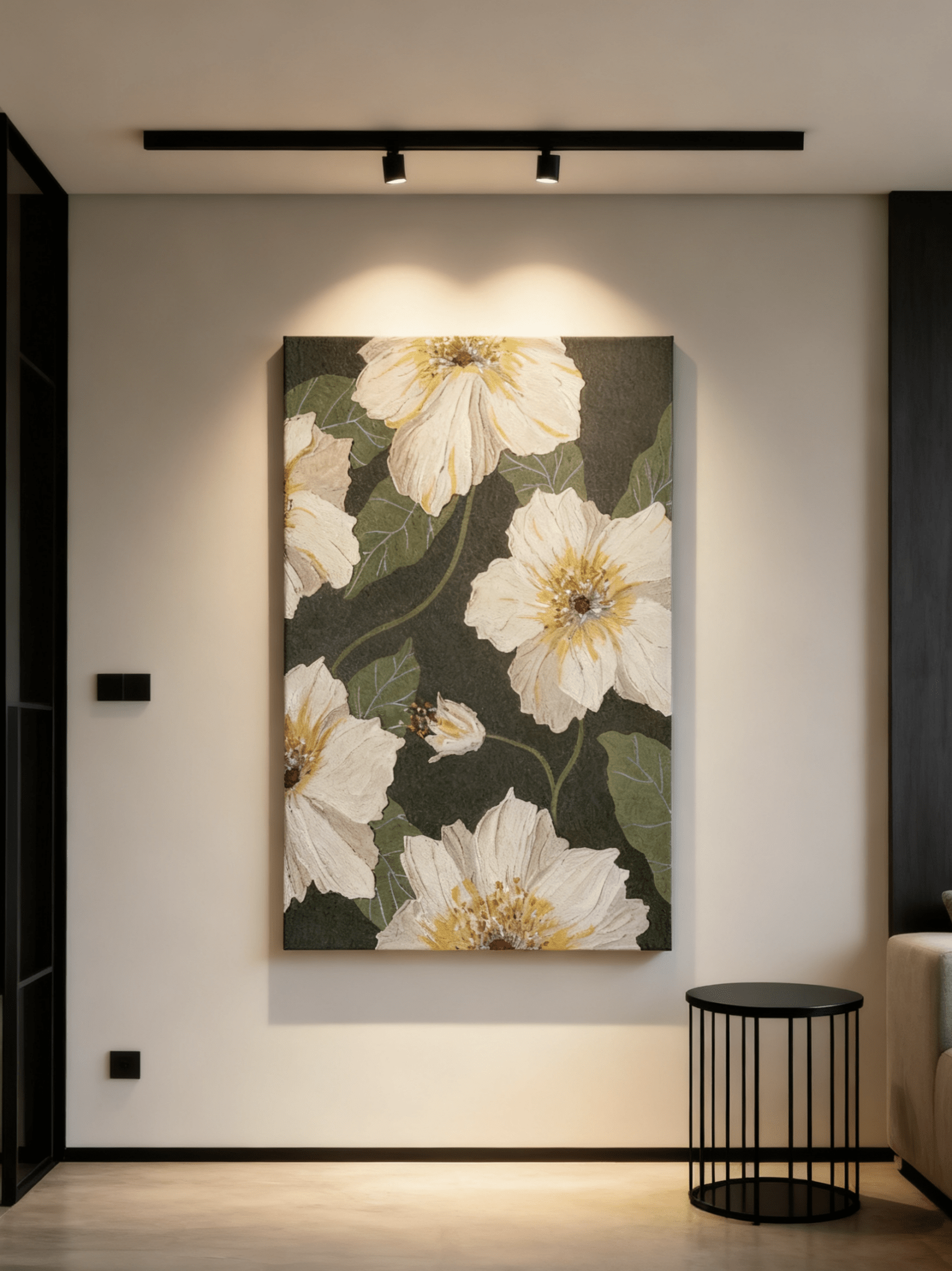 Close-up of textured white flower petals showing thick impasto brushstrokes in modern floral painting