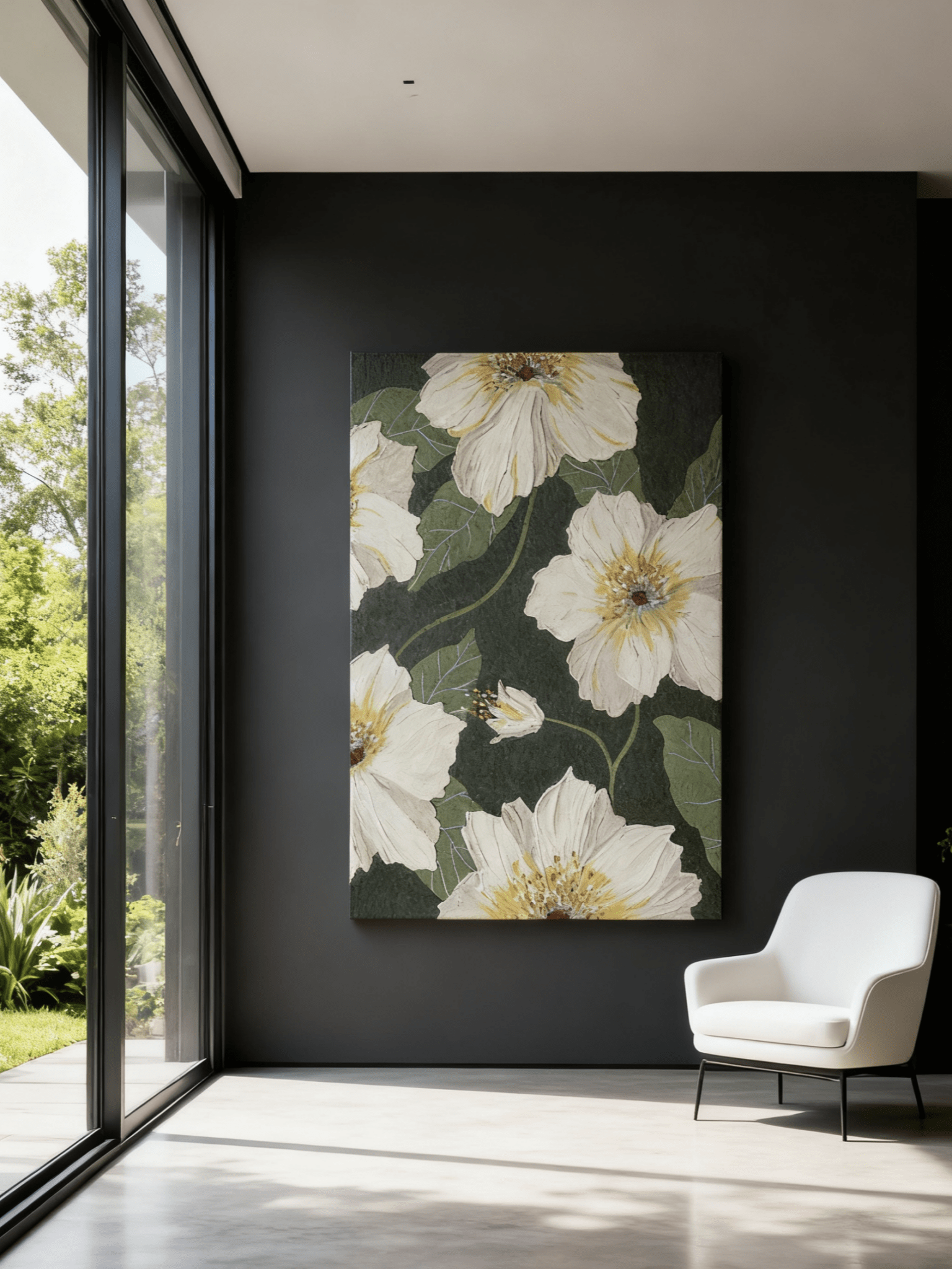 Close-up of textured white flower petals showing thick impasto brushstrokes in modern floral painting