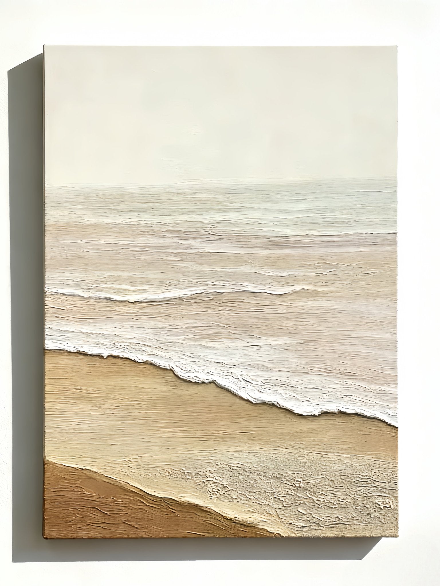 Hand-painted textured beach scene with ocean waves on canvas, modern coastal wall art for living room decor