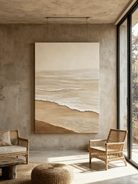 Close-up of textured shoreline details showing thick impasto brushstrokes in coastal painting