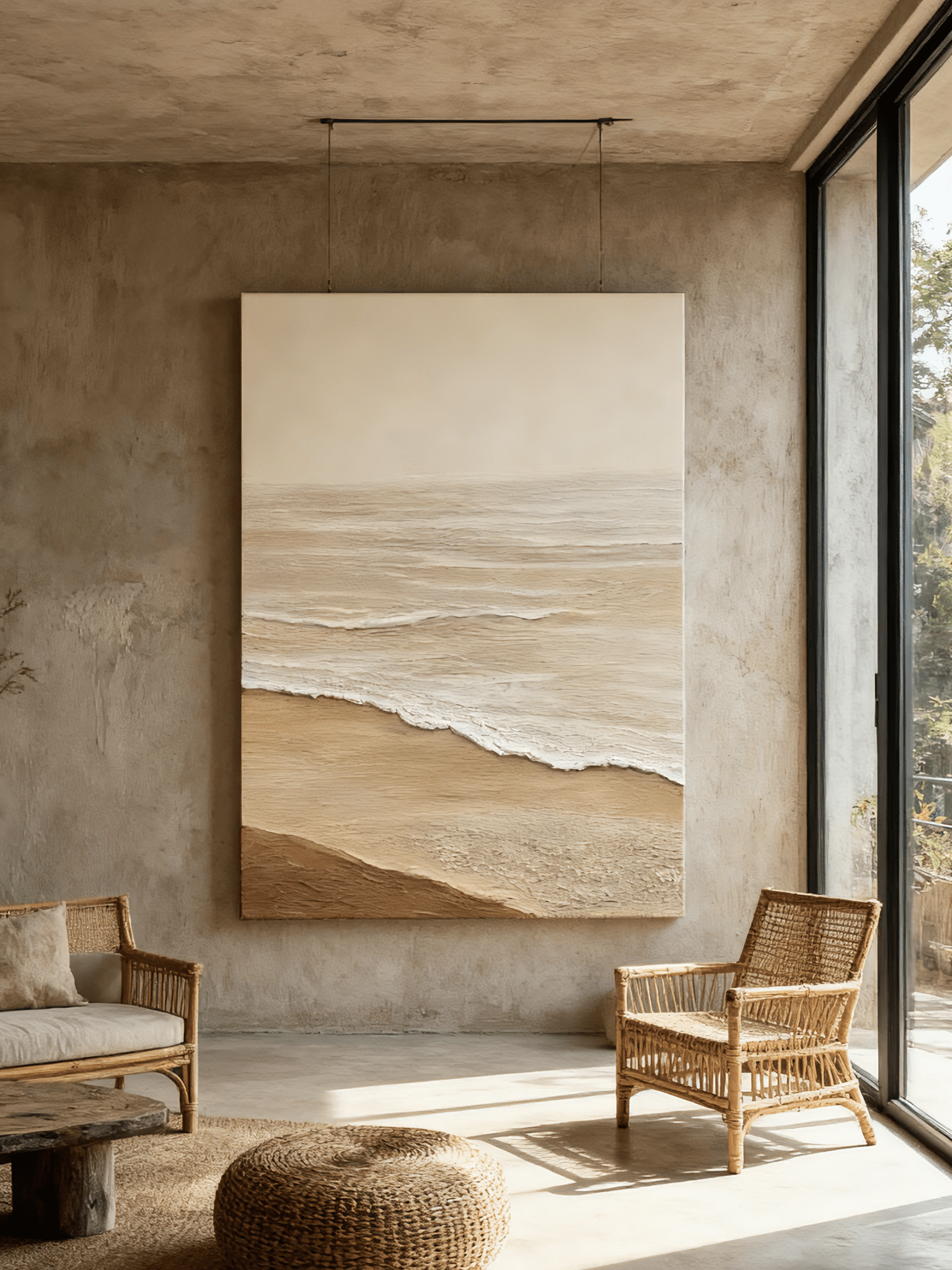 Close-up of textured shoreline details showing thick impasto brushstrokes in coastal painting