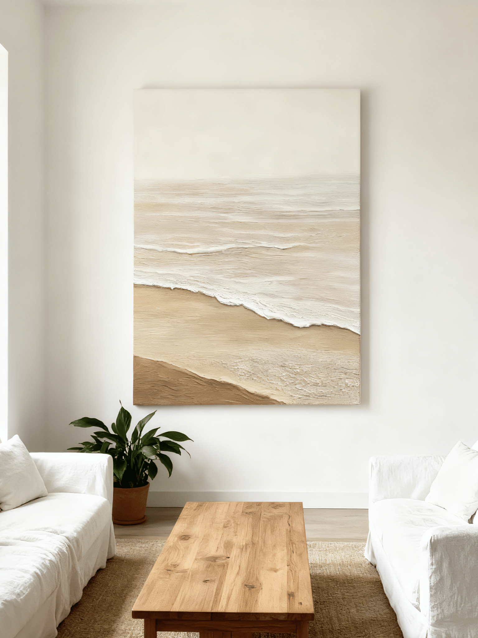 Close-up of textured shoreline details showing thick impasto brushstrokes in coastal painting