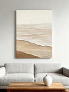 Close-up of textured shoreline details showing thick impasto brushstrokes in coastal painting