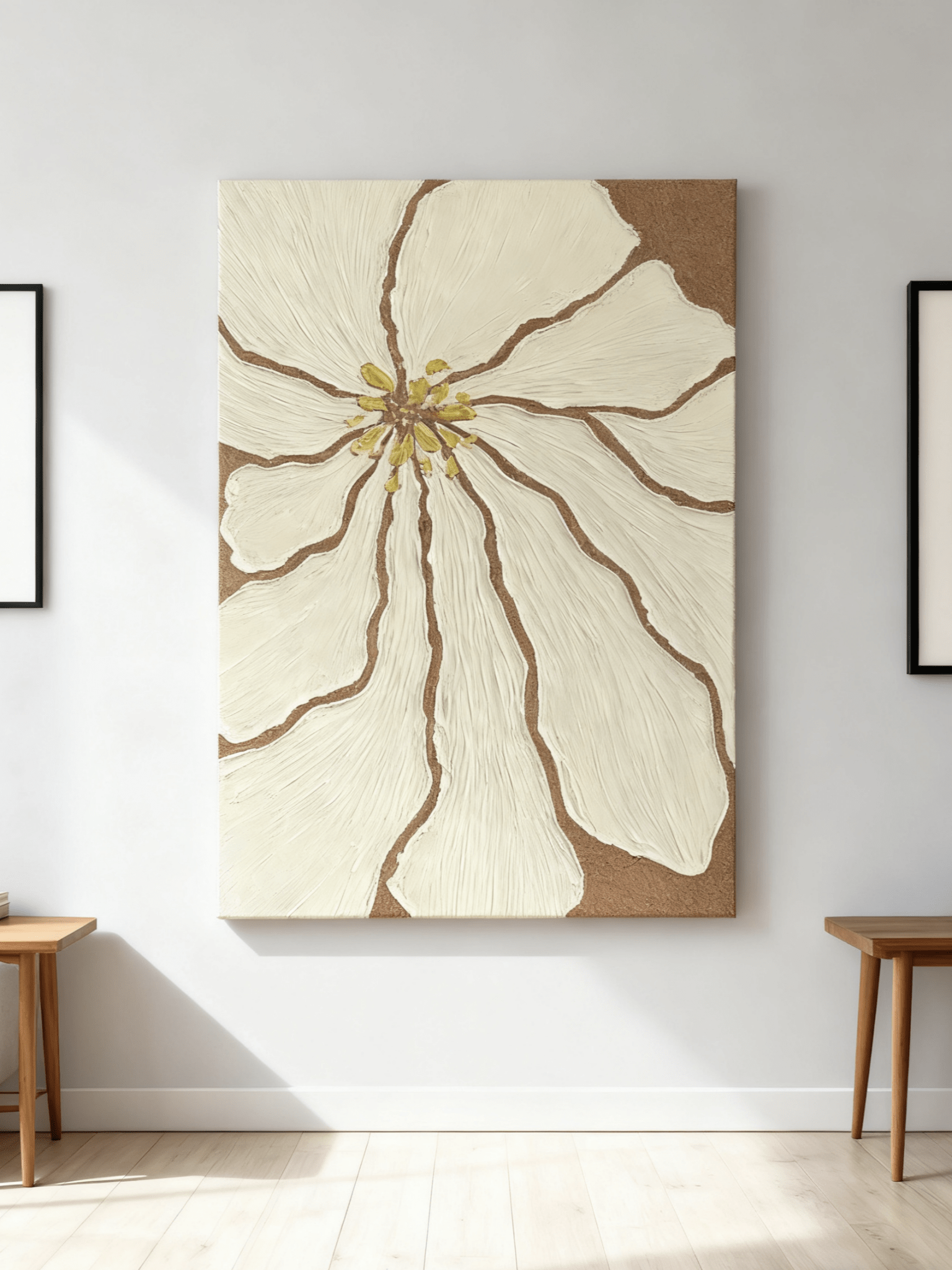 Close-up of textured beige flower petals showing thick impasto brushstrokes in modern floral painting